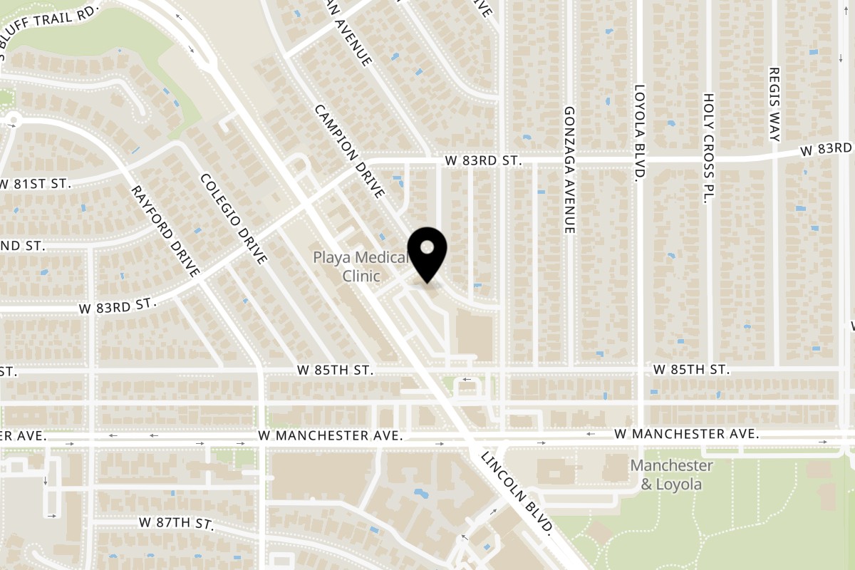 Map showing the location of Loyola Pizza on 8412 Lincoln Blvd in Los Angeles